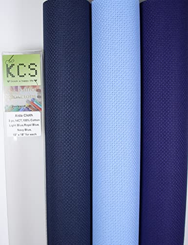 Image of KCS 3 pc of 15 inch x 18 inch Counted Cross Stitch Cotton Aida Cloth Needlework Rolled Fabric Box,14CT,Light Blue+Royal Blue+Navy Blue