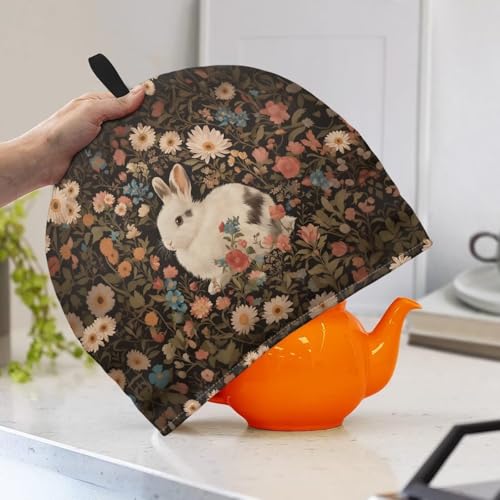 Image of Flower & White Rabbit Print Handmade Tea Cozy Kitchen Home Decorations Teas Cosy Creative Gifts Tea Cozies for Teapot Keep Warm Double Tnsulated Kettle Cover for Office