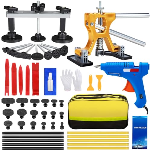 polisak 52Pcs Car Dent Puller Kit, Paintless Dent Removal Kit with Adjustable Bridge Puller & Golden Lifter, Dent Repair Kit for Car Hail Damage Large & Small Dent, Refrigerator Door Dent DIY Removal