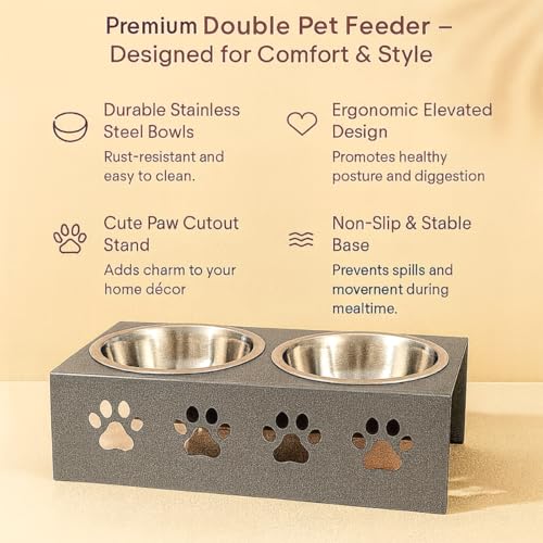 Image of Metal Silver Stylish Dog Bowl Stand | 2 Stainless Steel Bowls for Raised Dogs & Cats | Elevated Dog Food Removable Bowls | Pet Feeder & Water Dispenser for All Breeds Paw Design (Set of 2, each 900ml)