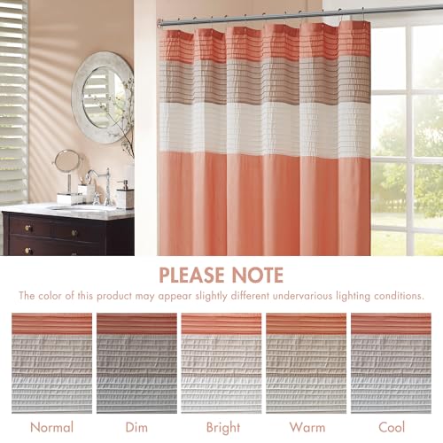 Image of Madison Park Amherst Bathroom Shower Curtain Faux Silk Pieced Striped Modern Microfiber Bath Curtains, 72x84 Inches, Coral