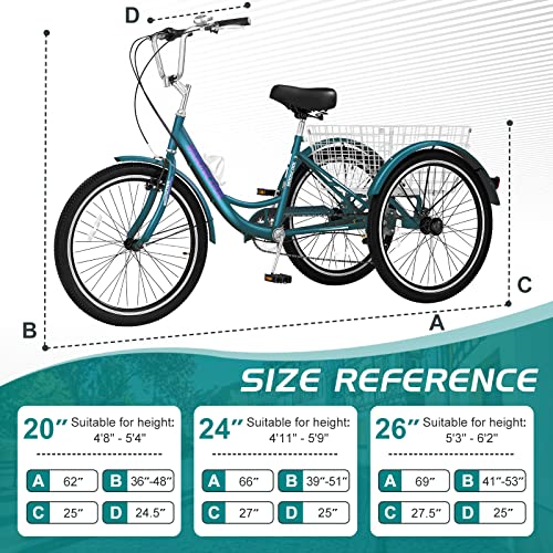 Docred Adult Tricycles, 7 Speed Adult Trikes 20/24/26 Inch 3 Wheel Bikes For Adults With Large Basket For Recreation, Shopping, Picnics Exercise Men's Women's Cruiser Bike, Noble Blue #TOP4