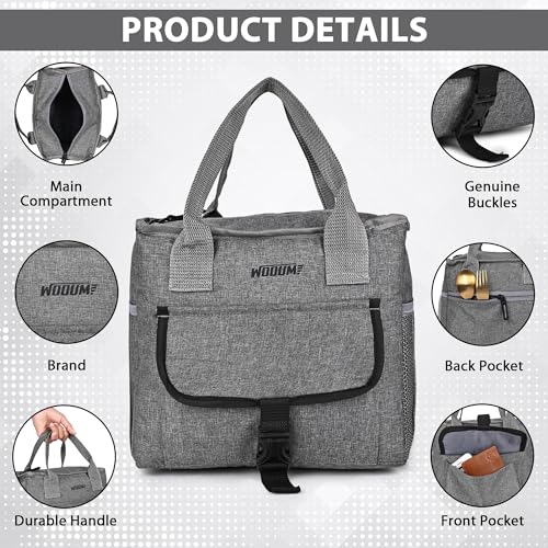 Image of Wooum Lunch Bag for Office, Lunch Bag for Men & Women, Insulated Lunch Bag, Adult Lunch Tote Bag, Wide-Open Tiffin Bag with Handle, Side Pocket, Travel Lunch Pouch for Picnic (Grey)
