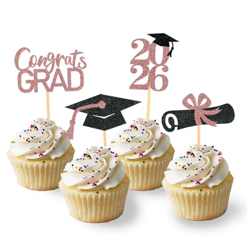 24 Stück Glitzer 2026 Graduation Cupcake Toppers, Abschlussfeier Cupcake toppers, Bachelor Hut Deko, Abschluss Deko für Graduation Abschlussparty Dekoration (schwarz & rosegold 1)