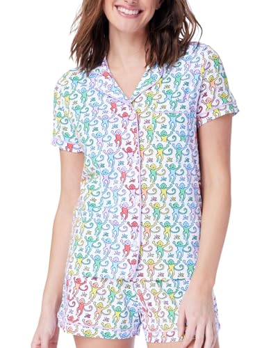 Image of Zelbuck Womens Pajamas Set Trendy 2 Piece Button Down Monkey Shorts Set Y2k Roller Dupes Rabbit Long Sleeve Preppy Loungewear Pjs, Small, Disco