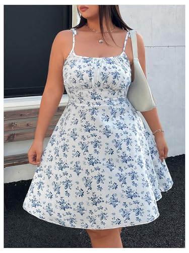 Image of Floerns Women's Plus Size Boho Floral Milkmaid Bow Tie Ruched Cami Summer Holiday Flowy Mini Dress
