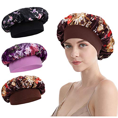 Satin Sleep Cap - 3 Pieces Women Hair Bonnet Elastic Wide Band Hat Night Hat Hair Loss Cap For Salon Sleep Spa