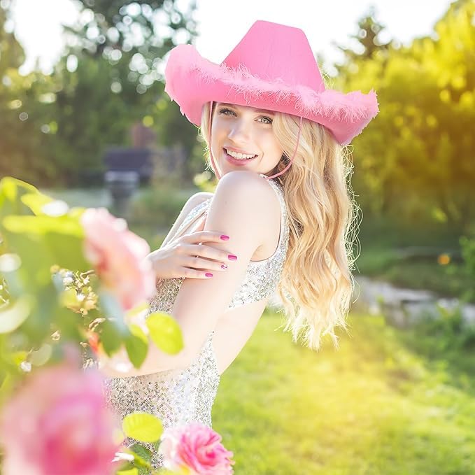 LYCN 6 sombreros de vaquero rosa para mujer, fieltro, sombrero de vaquero occidental con ribete de plumas mullidas para bodas, despedidas de soltera, fiestas de cumpleaños, cosplay, Rosa, 45