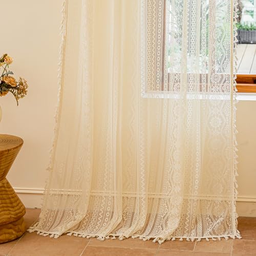 Image of MYSKY HOME Beige Boho Lace Sheer Curtains with Tassels 84 Inch Length 2 Panels Vintage Floral Bohemian Pattern French Rustic Crochet Geometry Striped Rod Pocket Drapes for Living Room Bedroom, 55 inch W