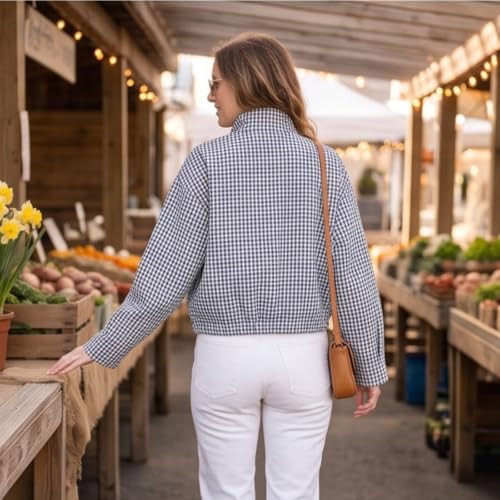 Plaid Bomber Jacket Women Oversized Cropped Funnel Neck Gingham Jacket - image 5