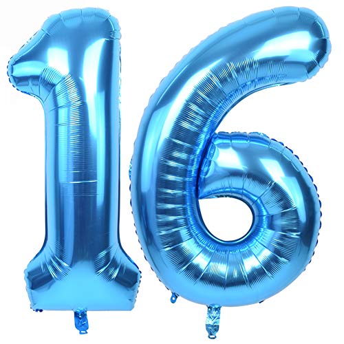 Image of TONIFUL 40 Inch Blue Number 16 Balloon Large Foil 16th Birthday Decorations | Blue 16 Balloon Number 16 for Milestone Sixteen Birthday Party 16th Anniversary, Blue Birthday Decor for Teens Men Women