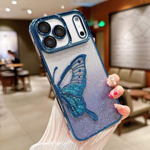 Image of Thermoplastic Polyurethane Designed Comatable with iPhone 17 Pro Max Case Glitter Cute Butterfly Plating Design Aesthetic Women Girls Cover for iPhone 17 Pro Max (Blue)