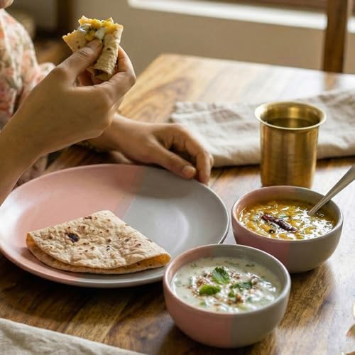 Image of The Earth Store DT Grey Pink Ceramic Dinner Set, 18 Piece Plates & Bowls Set | Microwave & Dishwasher Safe Dinnerware | Bone-Ash Free Crockery Set for Dining Table