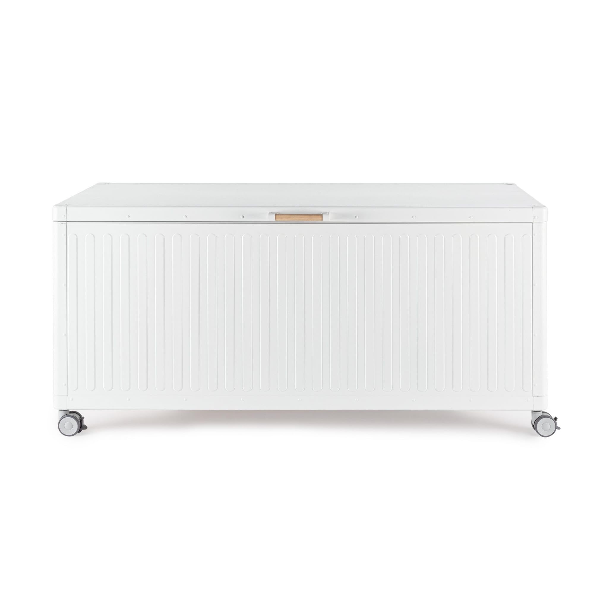 KONTE.DESIGN Baule da Giardino Braga in Alluminio Bianco, con Ruote e Maniglia Effetto Legno