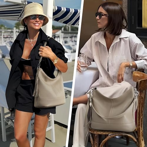 Image of Genuine Leather Hobo Crossbody Bag for Women, Soft Real Leather Bucket, Shoulder Handbag Purse with 2 Removable Strap