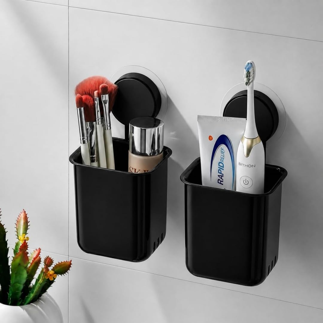 SHALVI Plastic Toothbrush Holders for Bathroom | Wall Mounted Toothbrush Holder | Toothbrush Holders for Toothbrushes | Bathroom Shelf for Wall (2 Toothbrush Holder - Black)