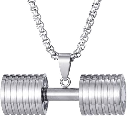 Dumbbell Necklace for Men Titanium Steel Fashion Cool Masculine Weight Lifting Fitness Training Barbell Necklace Jewelry for Men Weightlifter Fitness Enthusiast