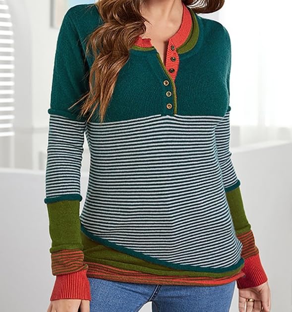 Women's Vintage Striped Color Block Button Knit Sweater Lightweight Casual Cute Long Sleeve Henley Pullover Top2
