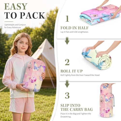 Bolsa de dormir WeCozy Butterfly rosa para niños, ligera impermeable para 3 estaciones, con saco compresor para camping, uso interior y mochilero miniatura 5