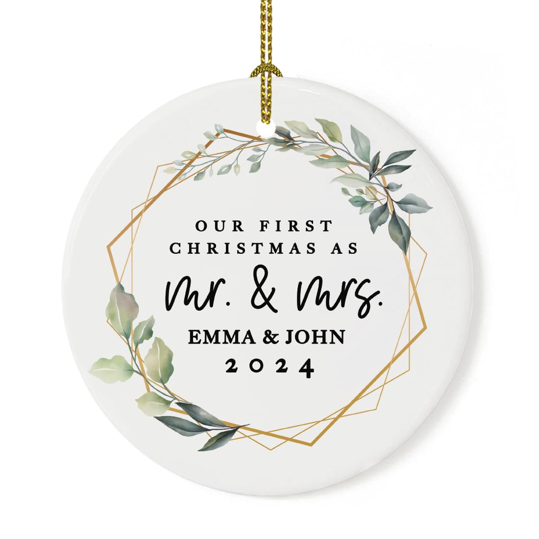 Andaz Press Personalized Our First Christmas As Mr. & Mrs. 2024 Christmas Ornaments Geometric Greenery 2.8