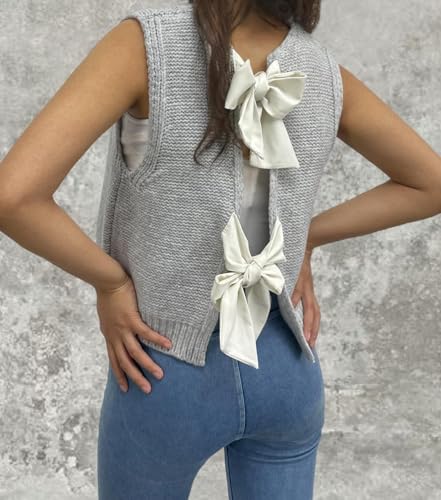 Image of Women's Back Tie Bow Knit Sweater Vest Casual Tops Y2K Sleeveless Crew Neck Knit Vest
