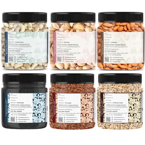 Image of LILA DRY FRUITS Nuts & Seeds Combo Pack - Almonds, Pista, Cashew, Sunflower Seed, Flax Seeds & Basil Seed 100 Gms x 6 | Healthy Snack Mix for Daily Nutrition Perfect for Gifting