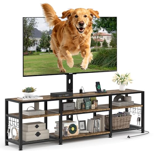 Image of VECELO TV Stand with Mount and Power Outlet, Height Adjustable Entertainment Center with Storage Shelves for 55 /65 /70 /75 /80 inches Televisions, Console Table for Living Room, Bedroom, Rustic Brown