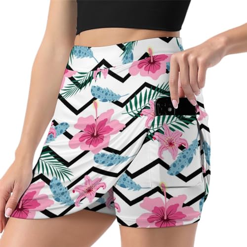 Jupe de tennis rose à rayures florales pour femme avec short intégré et poche