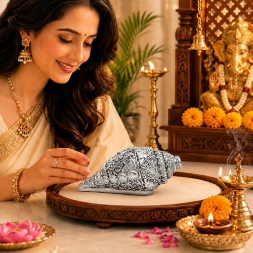 Image of DIVINITI Sacred Ganesha Shankh Idol for Home Temple Decor|999 Silver-Plated Antique Finish Decorative Conch Shell with Luxury Gift Box|Premium Vastu & Housewarming Gift (12 x 6 cm)