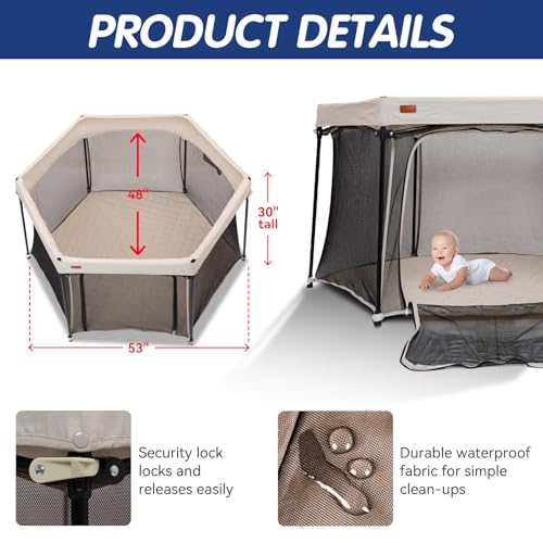 Image of Baby Playpen 53x53 Inch, Indoor /Outdoor Portable Play Yard No Extra pad Required with Breathable Mesh Walls, Enclosed Safe Space for Babies, Quick Foldable Playpen for Home Travel Park (Khaki)
