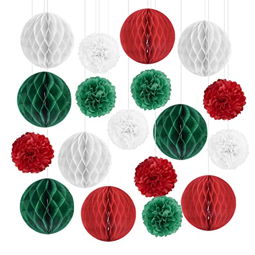 Mutool Christmas Decoration Set-18PCS Reusable Tissue Paper Pom Poms Honeycomb Balls for Xmas Christmas Winter Festival New Year Home Party Decoration, Wall Ceiling Door Hanging Decor Supplies