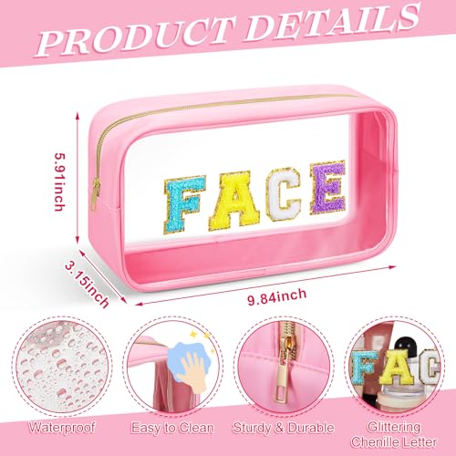 Abbylike 6 Pcs Large Chenille Letter Cosmetic Bag Preppy Patch PVC Nylon Makeup Bag Portable Glitter Clear Cosmetic Bags with Zipper Travel Toiletry Storage Stuff Pouch for Women3