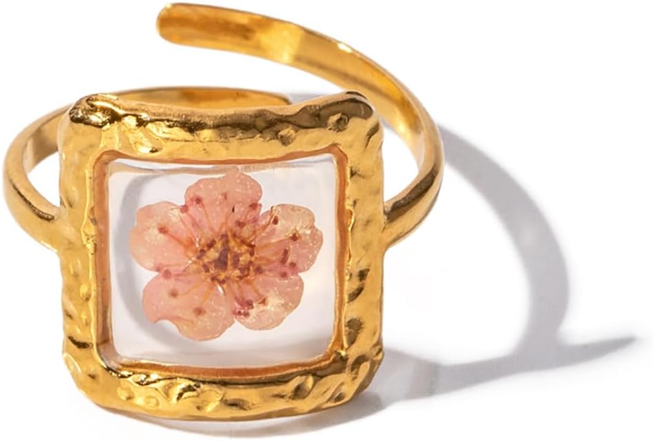 Hebelee Handmade Forget-Me-Not Dried Flower Adjustable Ring for Women - Gold-Toned Stainless Steel Statement Wedding Jewelry