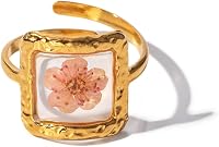Hebelee Handmade Forget-Me-Not Dried Flower Adjustable Ring for Women - Gold-Toned Stainless Steel Statement Wedding Jewelry