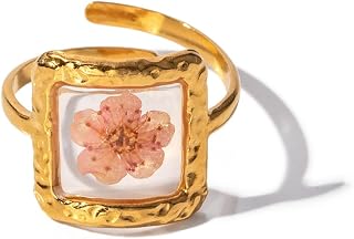 Hebelee Handmade Forget-Me-Not Dried Flower Adjustable Ring for Women - Gold-Toned Stainless Steel Statement Wedding Jewelry