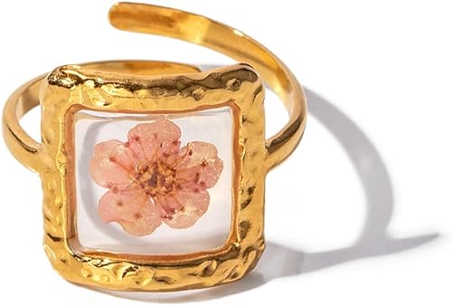 Handmade Dried Flower Statement Ring for Women Gold-Toned Stainless Steel Adjustable Pressed Blossom Forget-Me-Not Flowers Open Band Rings Wedding