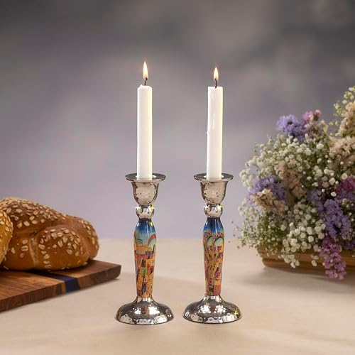 Miniatura 2 de Yair Emanuel - Portavelas de pilar moderno de 6.5 pulgadas, portavelas Shabat, diseño colorido e intrincado, juego de dos regalos de Judcaia