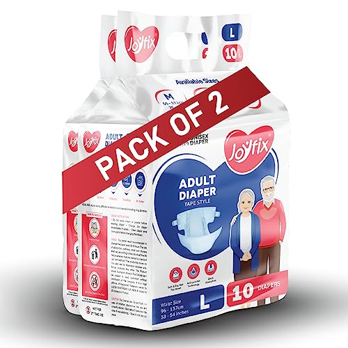 Image of JOYFIX Adult Diapers | Tape Style | Waist Size 96-137 cm (38 inch-54 inch) | Large | Pack of 2 | Odour lock | Anti-Bacterial Absorbent - L (20 Pieces)