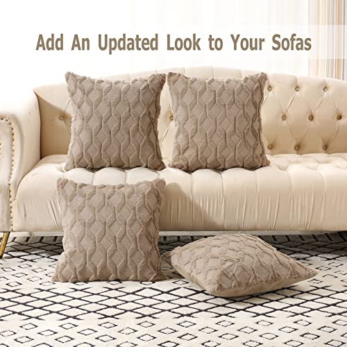 Volcanics Pack of 2 Faux Wool Throw Pillow Covers 20x20 Inches Decorative Farmhouse Velvet Couch Pillow Case Soft Plush Square Boho Cushion Pillowcase, Light Brown