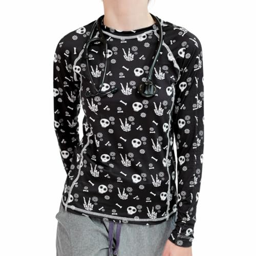 REGISTERED. Women’s Athletic Underscrub Top – Long Sleeve, Base Layer, Multicolor Designs, Breathable, Stretch Fabric. (US, Alpha, Medium, Regular, Regular, Groovy Bones)