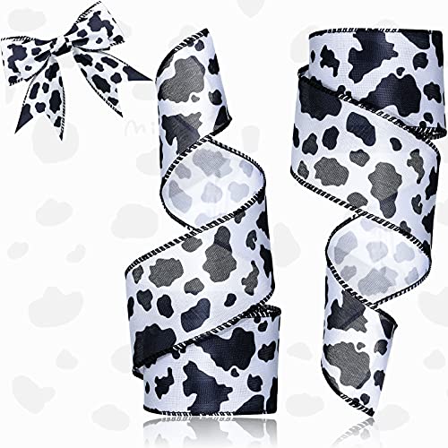 Xinnun 2 Rolls 20 Yards Cow Print Ribbon Cow Print Wired Edge Ribbon Spot Pattern Ornaments Fabric for Wreaths, Wrapping, Crafting, Christmas, Home Party(2.5 inch Width,Black and White)