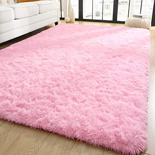 YJ.GWL Soft Pink Rug for Girls Bedroom, Cute Fluffy Rug for Kids Room Nursery, Shag Plush Carpet for Living Room, Kawaii Furry Rug for Baby's Toddler's Room, Cute Room Decor for Teen, 4x5.3 Feet