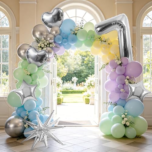Image of TONIFUL 7th Birthday Balloons Kit 40Inch Silver Large Number 7 Foil Balloon | with 18Inch Helium Mylar Heart Star Balloons for Kids Women Men Birthday Anniversary Graduation New Year Eve Party Decoration