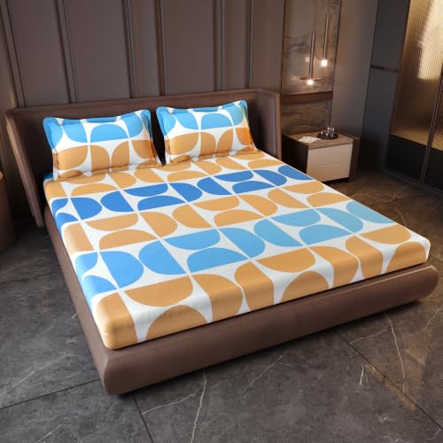 Image of Divine Casa Cotton King Size Bedsheet | 210 TC Soft Breathable Pigment Twill Satin Bed Sheet with 2 Pillow Covers | Luxury Bedding Set | 275 x 275 cm (Beige & Blue, Gemetic)