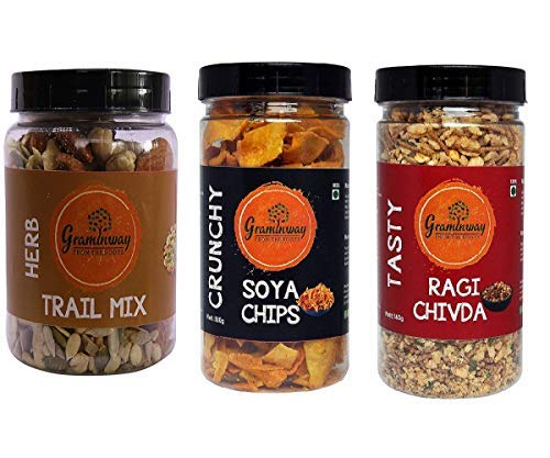 Graminway Herb Trail Mix Assorted Nuts Crunchy SOYA Chips and Tasty Ragi Cda 3 Piece 400 G