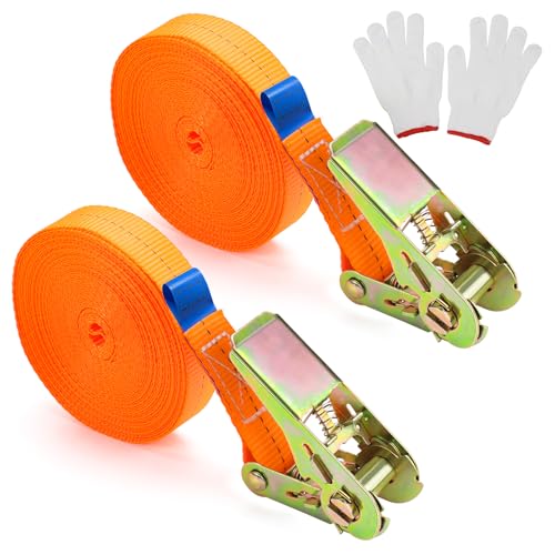 Sangle à Cliquet 10m Sangle d'Arrimage Robustes Sangles de Serrage en Polyester pour Transport de matériel, Moto Voiture déménagement Bagage et Camping 2 Pcs Orange