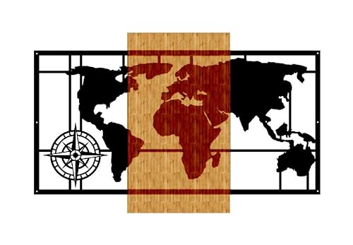 Decoración de metal y madera Map - Wall Art Muro - para dormitorio, salón, salón, entrada - negro de metal, madera, 80 x 1,8 x 50 Cover