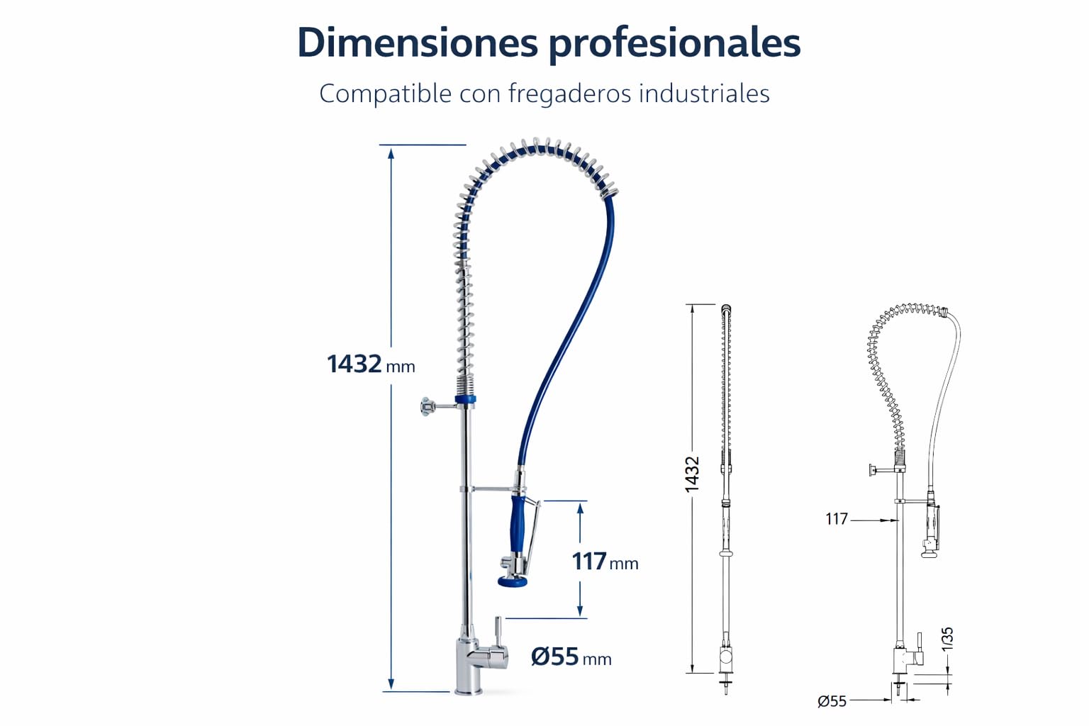 Genebre - Grifo Columna Prelavado Profesional 1705 04 | Grifo Industrial Monomando con Ducha Extraíble | Cocina Profesional y Hostelería | Columna Alta con Muelle AISI 304 y Cartucho Cerámico D40