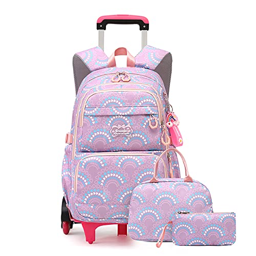 3Pcs Girls Rolling Backpack Kids Bookbag with Wheels Set Elementary Students Outdoors Trolley Schoolbag