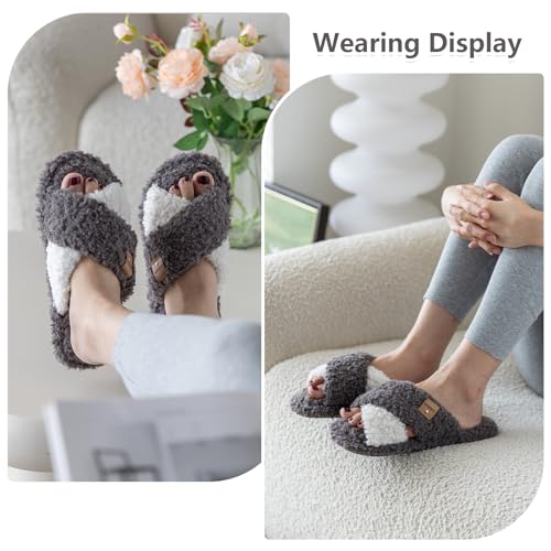 Image of GOEWY Fuzzy Open Toe Slippers for Women Cozy Memory Foam House Shoes Indoor | Cute Cross Band,Soft Faux Fur,Anti-slip Sole Outdoor,Machine-washable,Lightweight,Slip on Gifts for Women,Mom and Bridesmaid